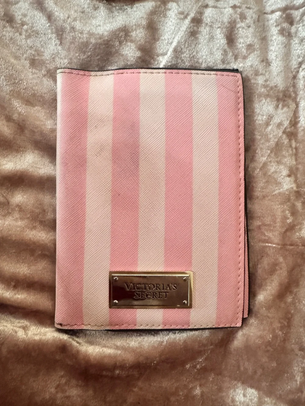 Victoria's Secret Pink & White Striped Cosmetic Pouch with Gold Plaque